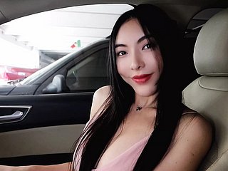 Makelloses chinesisches Mollycoddle mit DD-Titten, Satire im Auto