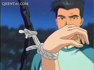 裸のアニメの女の子は、ロープとgangbangedます